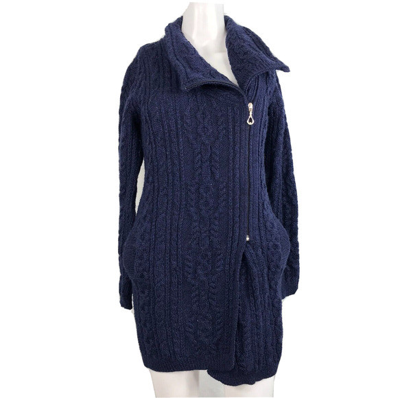 The Woollen Market Cardigan Womens Sz XS Blue Irish Wool Cable Knit Zip Sweater - Picture 6 of 10